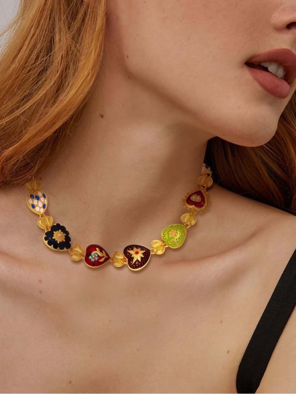 Vintage Heart Charm Necklace Colorful Enamel Gold Tone
